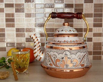 Handmade White Copper Teapot 2.9L, Traditional Turkish Design, Wooden Handle, Solid Copper, Stovetop
