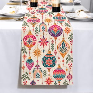 Colorful Boho Christmas Ornament Velvet Table Runner, Retro Holiday Dining Decor, Celestial Star Xmas Table Linens, Modern Runner