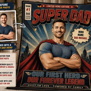 Custom Super Dad Comic Blanket, Personalized Superhero Photo Gift for Father, Custom Name Fleece Blanket, Funny Dad Birthday Sherpa Blanket