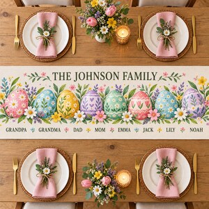 May include: A rectangular table runner featuring the text THE JOHNSON FAMILY and names including GRANDPA, GRANDMA, DAD, MOM, EMMA, JACK, LILY, and NOAH. The design includes colorful painted Easter eggs and floral accents on a light background.