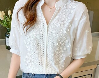 White Cotton Blouse | Casual Short Sleeve Shirt | Women Clothing