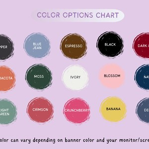 Puede incluir: Una tabla de opciones de color con 15 muestras de color circulares. Los colores incluyen pimienta, azul vaquero, espresso, negro, rojo oscuro, terracota, musgo, marfil, flor, azul marino, verde claro, carmes&iacute;, crunchberry, pl&aacute;tano y mezclilla. Texto: "TABLA DE OPCIONES DE COLOR".