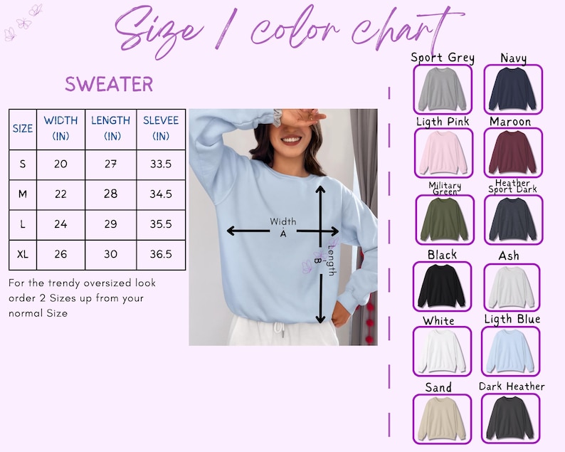 May include: A light blue sweater with a size chart and color options. The chart shows measurements in inches for sizes S to XL. Color options include Sport Grey, Navy, Light Pink, Maroon, Military Green, Heather Sport Dark, Black, Ash, White, Light Blue, Sand, and Dark Heather.