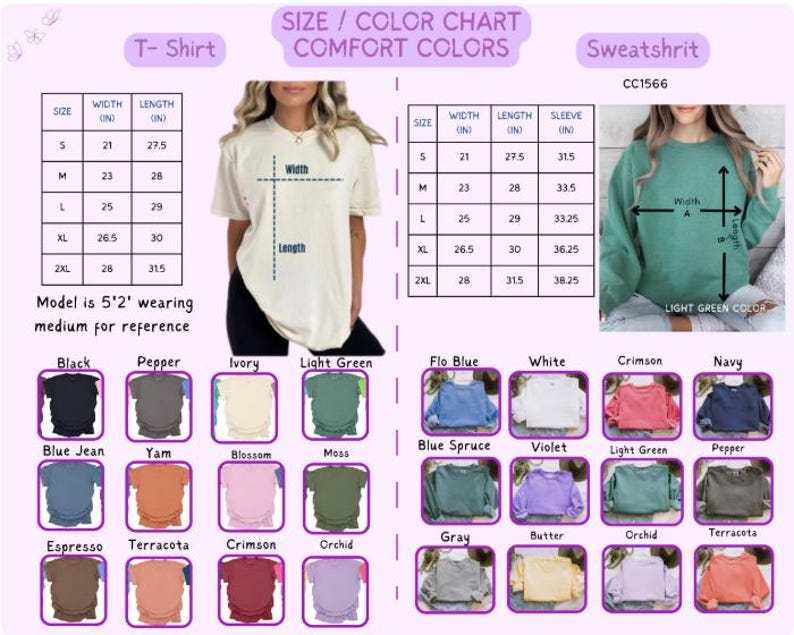 K&ouml;nnte beinhalten: Gr&ouml;&szlig;en- und Farbtabelle f&uuml;r Comfort Colors T-Shirts und Sweatshirts. Die Tabelle enth&auml;lt Ma&szlig;e in Zoll f&uuml;r verschiedene Gr&ouml;&szlig;en sowie eine Farbpalette mit Farbt&ouml;nen wie Schwarz, Elfenbein und Hellgr&uuml;n. Ein Model, das Medium tr&auml;gt, wird als Referenz gezeigt.