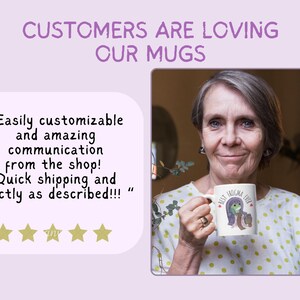 May include: A customer review for a mug with a frog design. The mug is white with black text that reads "BEST FROGMA EVER". The customer review reads "Easily customizable and amazing communication from the shop! Quick shipping and exactly as described!!!" and has a five-star rating.