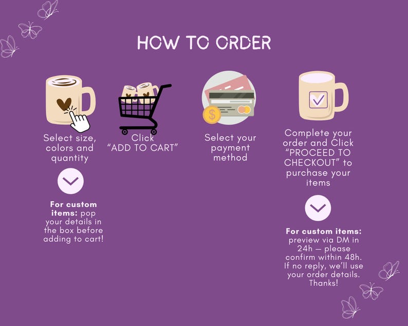 May include: Purple graphic with instructions on how to order, featuring illustrations of a mug, shopping cart, credit card, and another mug. Text includes "HOW TO ORDER", "Select size, colors and quantity", and "Click ADD TO CART".