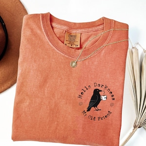 Hello Darkness Shirt, Funny Crow Coffee Tee, Comfort Colors Halloween black raven fall Tee, Witchcore Gift for Coffee Lover, spooky season