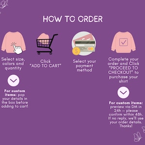 Puede incluir: Gr&aacute;fico p&uacute;rpura con instrucciones para pedir una camiseta. Los pasos incluyen seleccionar la talla, a&ntilde;adir al carrito, seleccionar el pago y proceder a la compra. El texto proporciona detalles para pedidos personalizados.