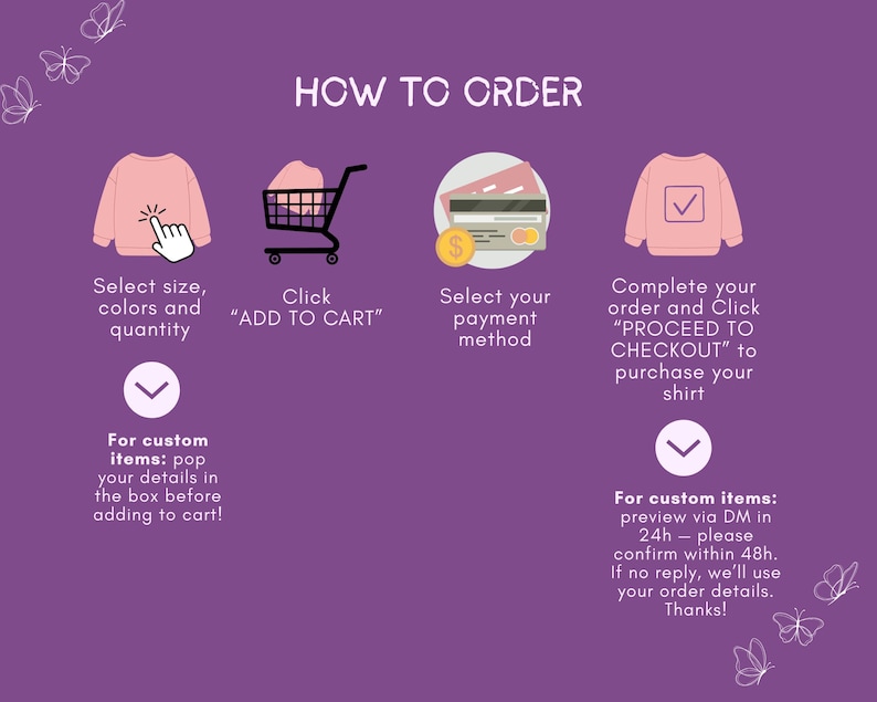Puede incluir: Gr&aacute;fico p&uacute;rpura con instrucciones para pedir una camiseta. Los pasos incluyen seleccionar la talla, a&ntilde;adir al carrito, seleccionar el pago y proceder a la compra. El texto proporciona detalles para pedidos personalizados.