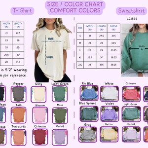 May include: A size and color chart for t-shirts and sweatshirts. The chart includes measurements in inches for various sizes, along with a color palette featuring shades like black, ivory, and crimson. A model wearing a medium shirt is shown for reference.
