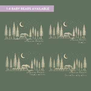 May include: Four variations of a forest graphic on a dark green background, each featuring a mama bear with one to four cubs, pine trees, and a crescent moon. The text "1-4 BABY BEARS AVAILABLE" appears at the top, with "Mama bear" and names below.