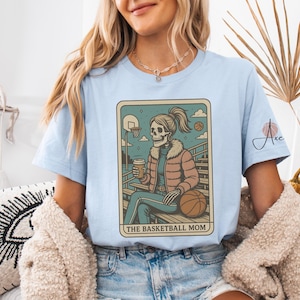 Custom Basketball Mom Shirt, Skeleton Coach Tarot Card Shirt Funny Sports Mama Tee with Kids’ Names, Mother’s Day Gift for Game Day Mom
