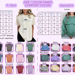 Puede incluir: Una tabla de tallas y colores para camisetas y sudaderas. La tabla incluye medidas en pulgadas para varias tallas, junto con una paleta de colores con tonos como negro, marfil y carmes&iacute;. Se muestra un modelo que lleva una camisa mediana como referencia.
