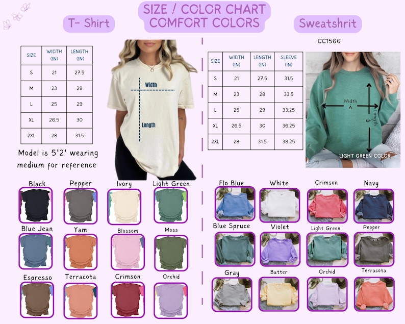 Puede incluir: Una tabla de tallas y colores para camisetas y sudaderas. La tabla incluye medidas en pulgadas para varias tallas, junto con una paleta de colores con tonos como negro, marfil y carmes&iacute;. Se muestra un modelo que lleva una camisa mediana como referencia.