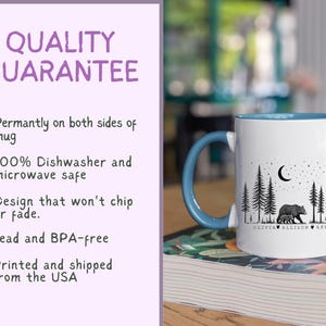 May include: White ceramic mug with a blue interior and handle. The mug features a black and white forest scene with a bear and the names Olivia, Allison, and Axel. The text "QUALITY GUARANTEE" is on the left side of the mug.