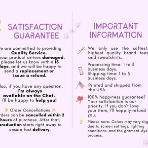 Puede incluir: Gr&aacute;fico de color lila con texto que detalla una garant&iacute;a de satisfacci&oacute;n e informaci&oacute;n importante. El texto incluye detalles sobre reembolsos, tiempos de procesamiento, env&iacute;o y una garant&iacute;a de felicidad.