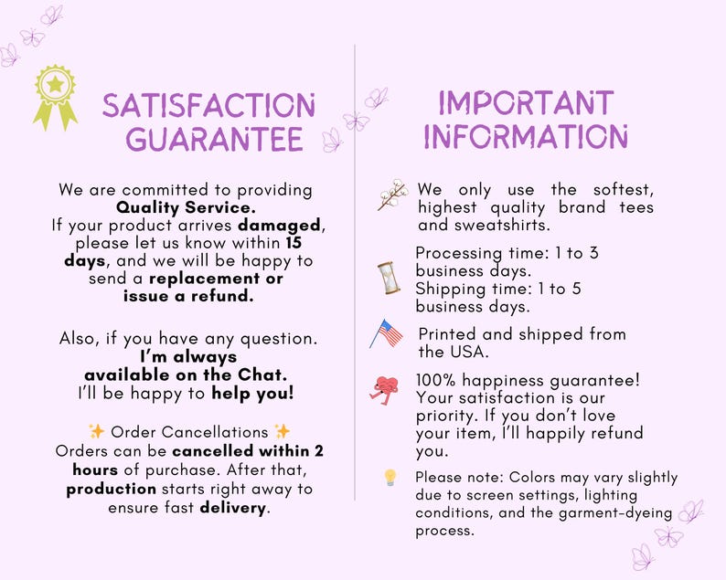 Puede incluir: Gr&aacute;fico de color lila con texto que detalla una garant&iacute;a de satisfacci&oacute;n e informaci&oacute;n importante. El texto incluye detalles sobre reembolsos, tiempos de procesamiento, env&iacute;o y una garant&iacute;a de felicidad.