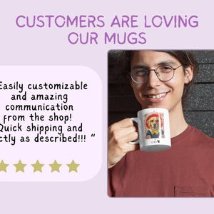 May include: White ceramic mug featuring a dog illustration wearing a hat and bow tie. The mug has the word "LOVE" and the year "1993" printed on it. The image also includes the text "CUSTOMERS ARE LOVING OUR MUGS".