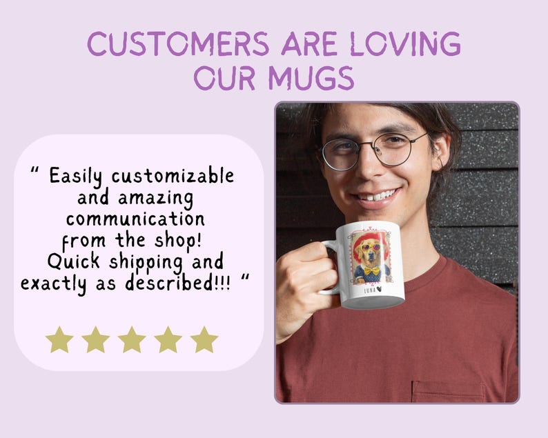 May include: White ceramic mug featuring a dog illustration wearing a hat and bow tie. The mug has the word "LOVE" and the year "1993" printed on it. The image also includes the text "CUSTOMERS ARE LOVING OUR MUGS".