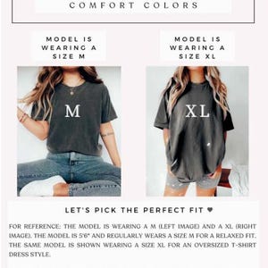 K&ouml;nnte beinhalten: Gr&ouml;&szlig;entabelle mit dem Text "Size Guide Comfort Colors". Das Bild zeigt ein Model, das ein T-Shirt in Gr&ouml;&szlig;e M und XL tr&auml;gt. Der Text darunter lautet "Let's pick the perfect fit".