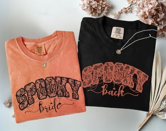 Spooky Bride & Bach Shirt, Halloween Bachelorette Party Tee, Gothic Bride Comfort Colors Bridal Party Gift, Witchy Bridal Wedding T-Shirt