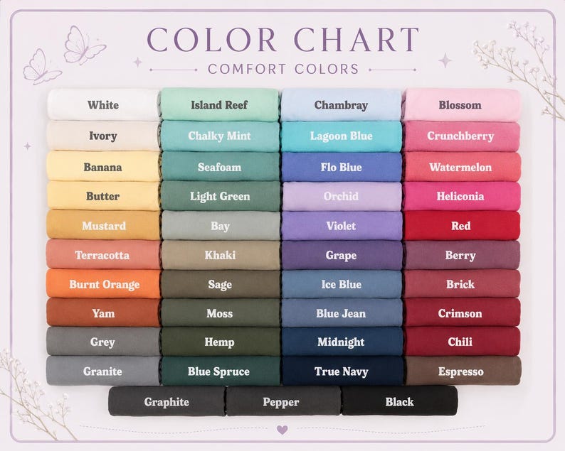 May include: A color chart titled "COLOR CHART COMFORT COLORS" displays a variety of fabric swatches in shades like white, ivory, and banana, as well as blue, green, and red hues. The chart includes color names such as "Blossom", "Berry", and "Espresso".