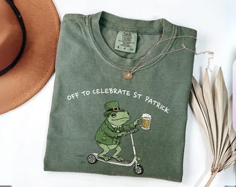 Off to Celebrate St Patrick Frog Shirt, Funny St Patricks Day Frog Tee, Irish Frog Scooter Shirt, Fun Irish Sweatshirt, Lucky Frog Beer Tee