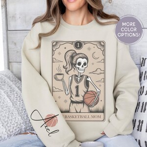 Custom Basketball Mom Sweatshirt, Skeleton Coach Tarot Card Shirt Funny Sports Mama Tee with Kids’ Names, Mother’s Day Gift for Game Day Mom