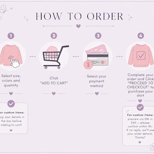 May include: A light purple graphic with the text "HOW TO ORDER" at the top. The graphic shows the steps to order a shirt, including selecting size, adding to cart, selecting payment, and completing checkout. Text includes "For custom items: pop your details in the box before adding to cart!"