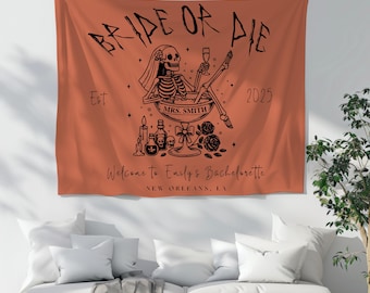 Bride or Die Halloween Bachelorette Banner Spooky Bach Party Backdrop Skeleton Bride Tapestry Gothic Bachelorette Decor, Skull Wedding Sign