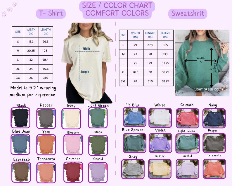 Pu&ograve; includere: Una tabella delle taglie e dei colori per t-shirt e felpe. La tabella include misure in pollici per varie taglie, insieme a una tavolozza di colori con tonalit&agrave; come nero, avorio e cremisi. Un modello che indossa una camicia media &egrave; mostrato come riferimento.