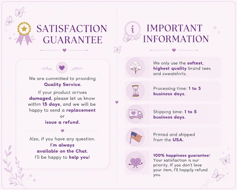 May include: A light purple graphic with text detailing a satisfaction guarantee, including quality service, returns, and refunds. Additional information includes processing and shipping times, and a happiness guarantee.