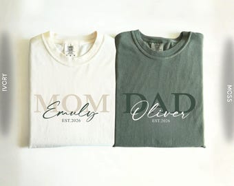 Camiseta personalizada a juego para mamá y papá, camiseta para anunciar nuevos padres, camiseta para pareja con revelación de embarazo, colores cómodos para esposo y esposa, regalo para baby shower