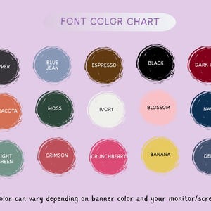 K&ouml;nnte beinhalten: Eine Schriftfarbkarte mit 15 Farbfeldern, die jeweils mit einem Farbnamen beschriftet sind. Zu den Farben geh&ouml;ren Pepper, Blue Jean, Espresso, Black, Dark Red, Terracotta, Moss, Ivory, Blossom, Navy, Light Green, Crimson, Crunchberry, Banana und Denim. Der Text unten lautet: "Die Farbe kann je nach Bannerfarbe und Ihrem Monitor/Bildschirm variieren."