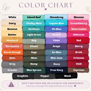 May include: A color chart displaying rows of folded fabric in various shades including white, ivory, banana, butter, mustard, terracotta, orange, yam, grey, granite, mint, seafoam, green, bay, khaki, sage, moss, hemp, spruce, chambray, blue, orchid, violet, grape, navy, blossom, berry, red, brick, crimson, chili, espresso, graphite, pepper, and black.