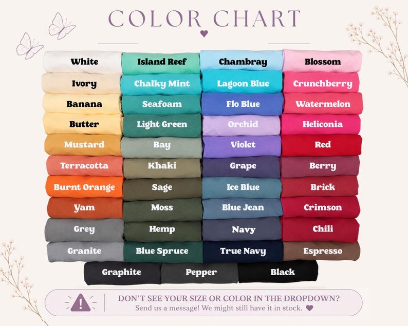 May include: A color chart displaying rows of folded fabric in various shades including white, ivory, banana, butter, mustard, terracotta, orange, yam, grey, granite, mint, seafoam, green, bay, khaki, sage, moss, hemp, spruce, chambray, blue, orchid, violet, grape, navy, blossom, berry, red, brick, crimson, chili, espresso, graphite, pepper, and black.