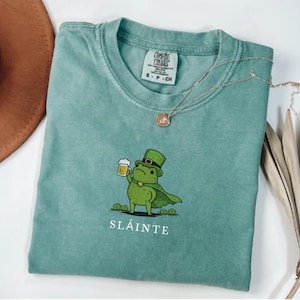 May include: Light green t-shirt featuring a cartoon frog wearing a leprechaun hat and cape, holding a beer mug. The word "Sláinte" is printed below the frog. A gold necklace and a brown hat are also visible.