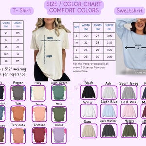 Puede incluir: Tabla de tallas y colores para camisetas y sudaderas. La tabla incluye medidas en pulgadas para varias tallas, junto con una paleta de colores con tonos como negro, azul vaquero y rosa claro. Se muestra un modelo que usa la talla medium como referencia.