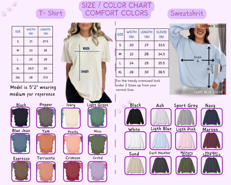 Puede incluir: Tabla de tallas y colores para camisetas y sudaderas. La tabla incluye medidas en pulgadas para varias tallas, junto con una paleta de colores con tonos como negro, azul vaquero y rosa claro. Se muestra un modelo que usa la talla medium como referencia.