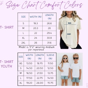 May include: Size chart for Comfort Colors t-shirts, including adult and youth sizes. Measurements are in inches for width, length, and sleeve length. The image also shows a model wearing a medium shirt for reference.