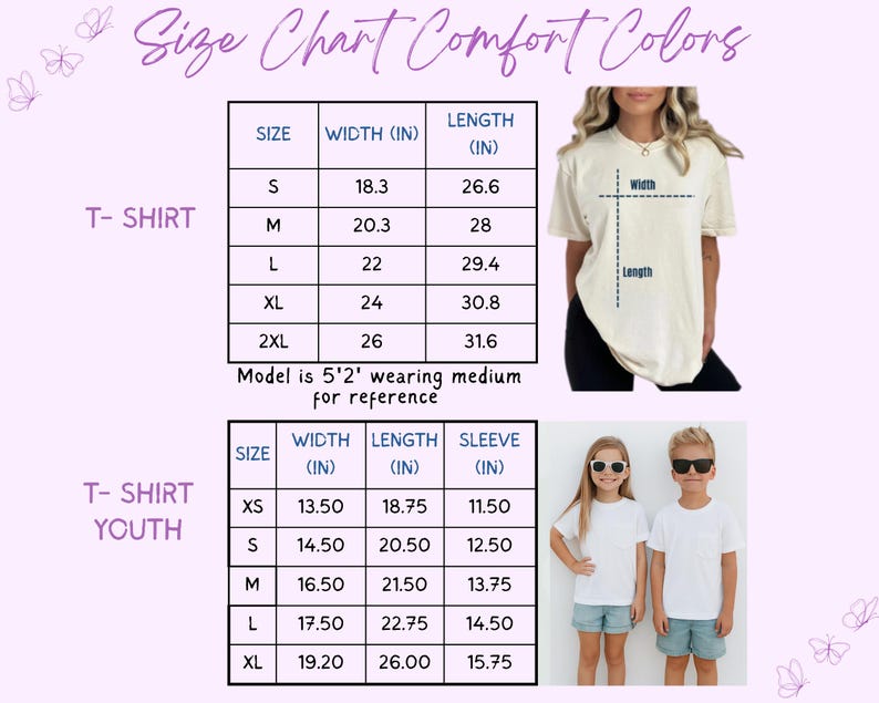 May include: Size chart for Comfort Colors t-shirts, including adult and youth sizes. Measurements are in inches for width, length, and sleeve length. The image also shows a model wearing a medium shirt for reference.