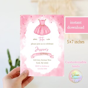 Ballerina Birthday Invitation template, Printable Canva card for 2nd birthday, Personalised Ballet party invite, glitter and pink Tutu theme