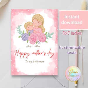 Vorlage „Fröhlicher Muttertag“, bearbeitbare Texte auf Canva, Karte für Mama, Blumenkarte zum Muttertag, Aquarell Mutter und Kind, von Tochter