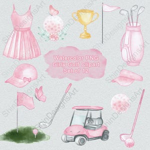 かわいい女の子の水彩画のクリップアート、ピンクの女性用ゴルフクラブのクリップアート、コテージコアのガーリーなクリップアートPng、素敵なガーリーなゴルフステッカー、手描きのゴルフボール