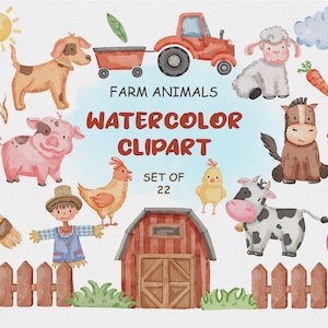 Aquarell Bauernhof Tiere Clipart, Barnyard Tier PNG-Bundle, süße bedruckbare Aufkleber, Traktor-Kindergarten-Clip-Art, herunterladbares Musterdesign