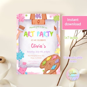 Convite para festa de aniversário com arte editável, convite para festa de pintura, modelo de cores pastel do arco-íris, tema de aquarela, cartão digital do artista
