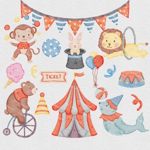 Paquete de imágenes prediseñadas de Circus de acuarela, conjunto de imágenes prediseñadas de animales de Circus Png, diseños de fabricación de tarjetas imprimibles, imágenes digitales únicas para un patrón sin costuras