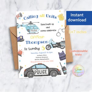 Cartão de convite de aniversário da polícia editável, modelo de policial do Canva, cartão de chamada para todas as unidades, convites para policiais, veículos policiais azuis