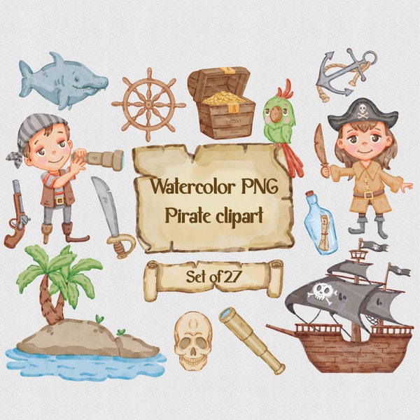 Sea pirate clipart bundle, watercolor Adventure cartoon style clip art, Pirate island object design, Hand drawn Caribbean sea map, PNG image