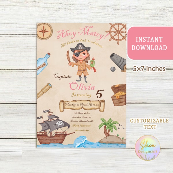 Girl Pirate Invitation Template, Pink Captain Birthday Invite, Ahoy Matey, Treasure Map card, Canva customizable, Unique girl party design